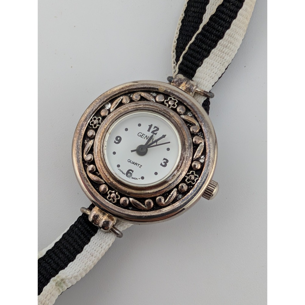 Geneva Watch Women 26mm Silver‎ Case Black/White Canvas Toggle Band- New Battery